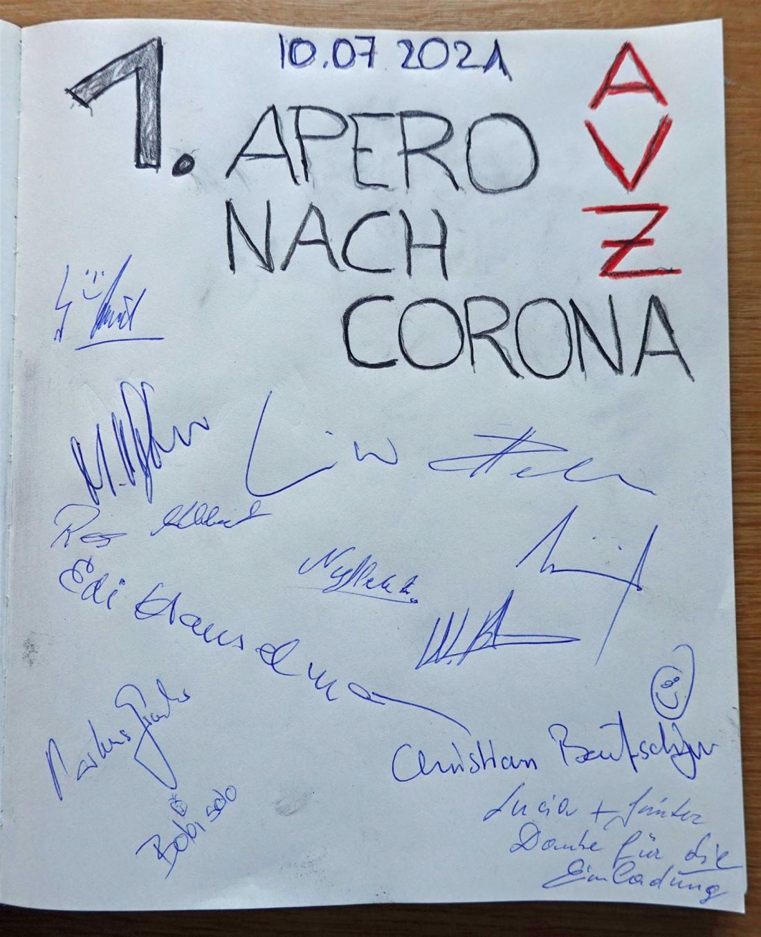Gästebuch am ersten Apéro des Artillerie-Vereins Zofingen nach Corona